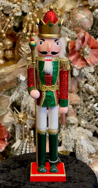 RED & GREEN SEQUIN WOODEN NUTCRACKER WITH STAFF XWANST3