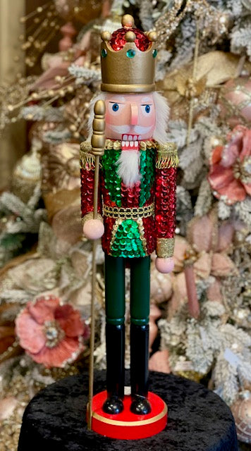 LARGE RED GREEN SEQUIN WOODEN NUTCRACKER WITH CROWN & STAFF XWANIN3