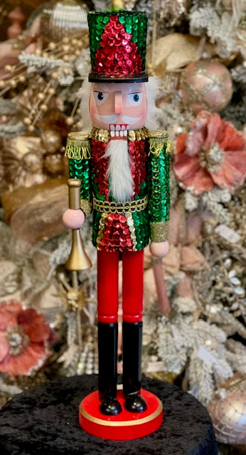 LARGE GREEN RED SEQUIN WOODEN NUTCRACKER WITH TRUMPET XWANIN3