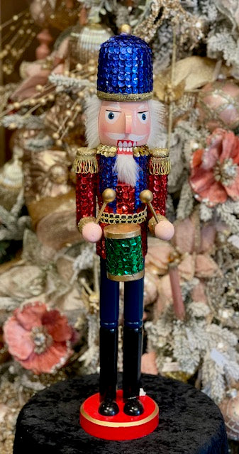 LARGE BLUE RED SEQUIN WOODEN NUTCRACKER WITH DRUM XWANIN3