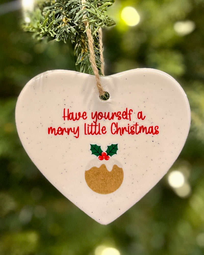 CHRISTMAS PUDDING CERAMIC HEART HANGING ORNAMENTS [Cl:MERRY LITTLE CHRISTMAS]