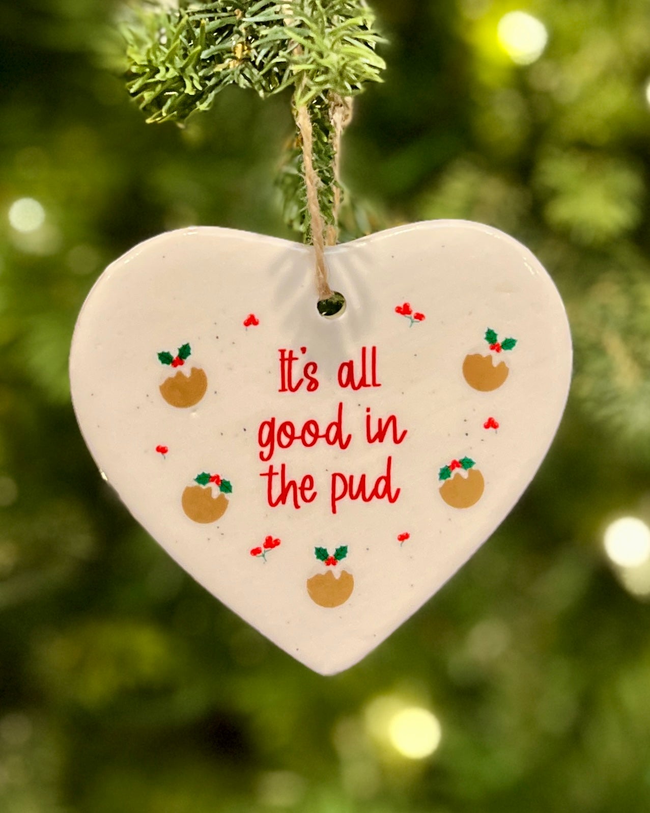 CHRISTMAS PUDDING CERAMIC HEART HANGING ORNAMENTS [Cl:GOOD IN THE PUD]