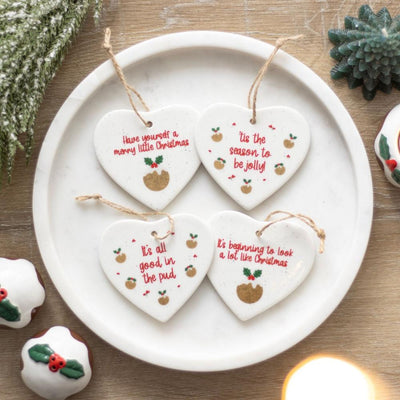 CHRISTMAS PUDDING CERAMIC HEART HANGING ORNAMENTS [Cl:GOOD IN THE PUD]