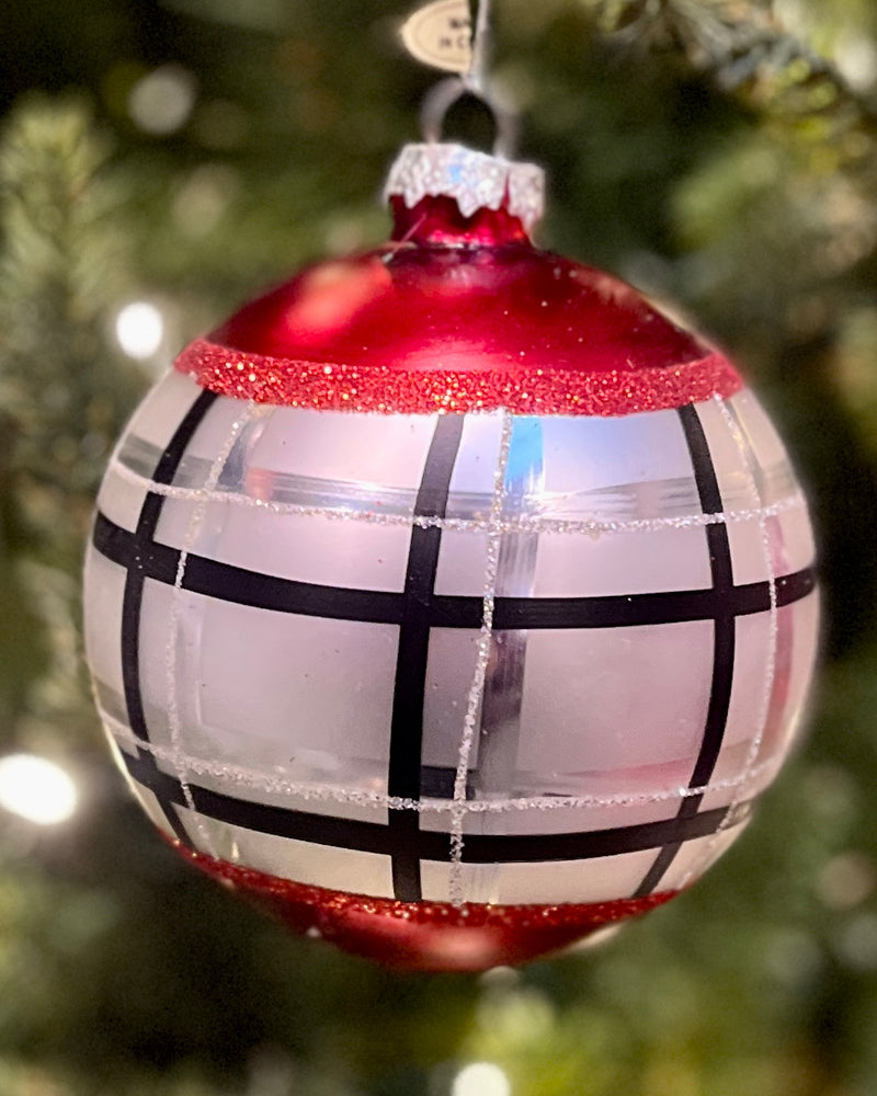 RED BLACK & WHITE PLAID ROUND GLASS HANGING ORNAMENT 4124674