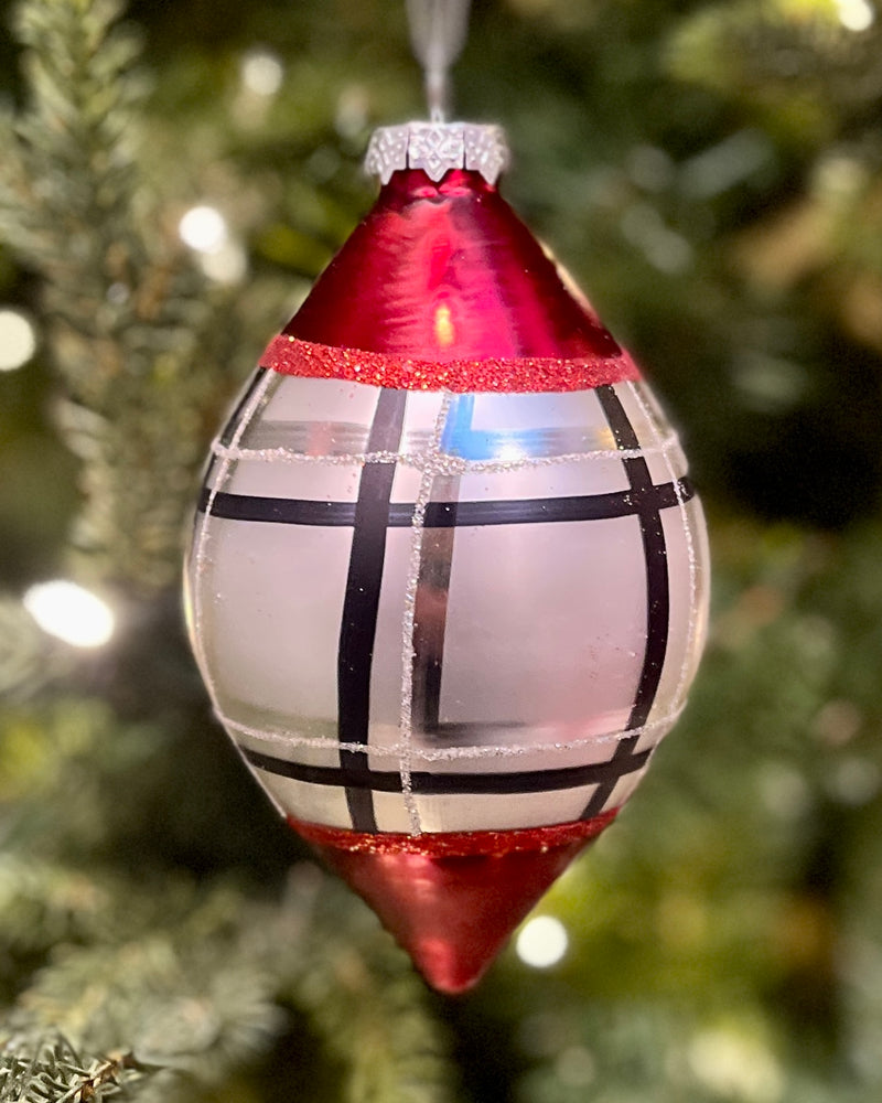 RED, BLACK & WHITE PLAID TEARDROP GLASS HANGING ORNAMENT 4124674