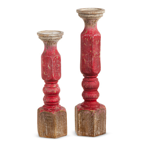 SET OF 2 DISTRESSED RED/NATURAL CANDLE HOLDERS 4312128