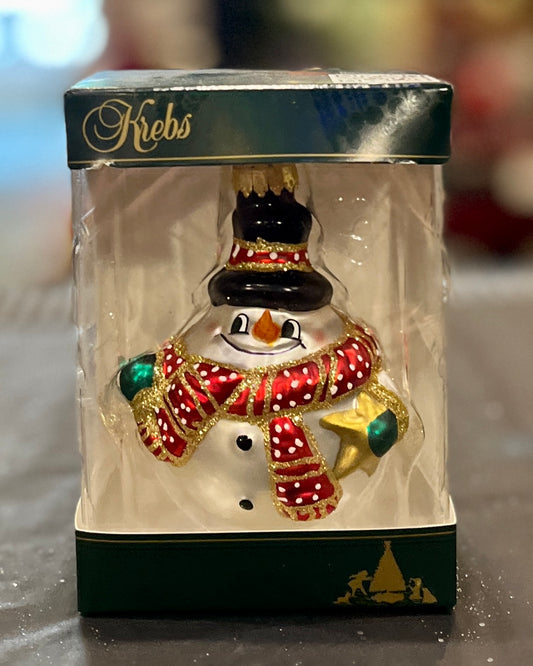 SNOWMAN WITH TOP HAT GLASS HANGING ORNAMENT 76500A