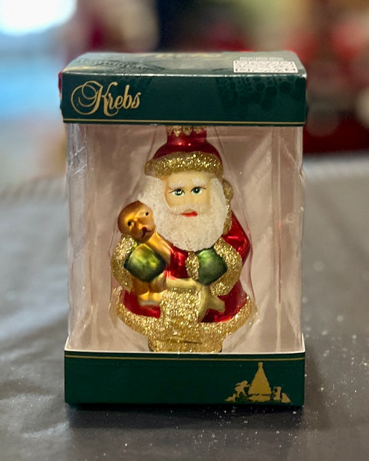 SANTA WITH TEDDY GLASS HANGING ORNAMENT 76500A