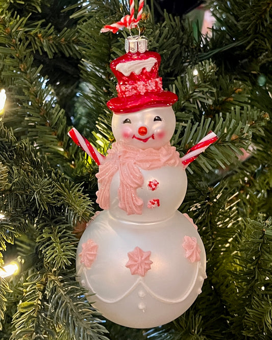 PEPPERMINT SNOWMAN WITH RED TOP HAT GLASS HANGING ORNAMENT 4352876