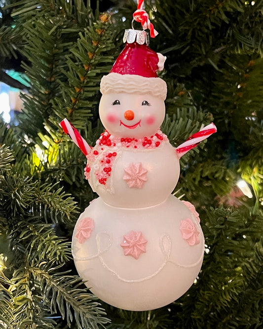 PEPPERMINT SNOWMAN WITH SANTA HAT GLASS HANGING ORN 4352876