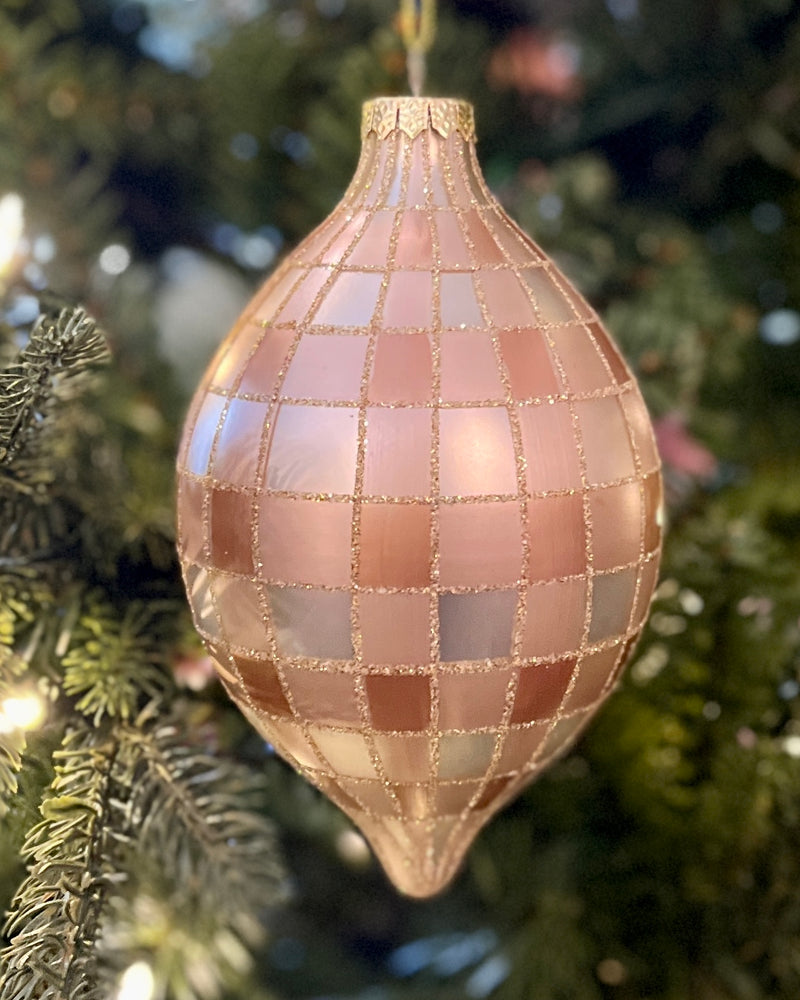 CHAMPAGNE/SILVER GINGHAM TEARDROP GLASS HANGING ORNAMENT 4424580