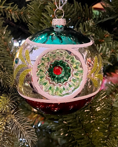 RETRO ROUND GREEN LEAVES REFLECTOR GLASS HANGING ORNAMENT 4424510