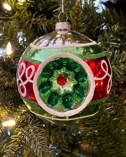 RETRO ROUND WHITE SWIRLS REFLECTOR GLASS HANGING ORNAMENT 4424510