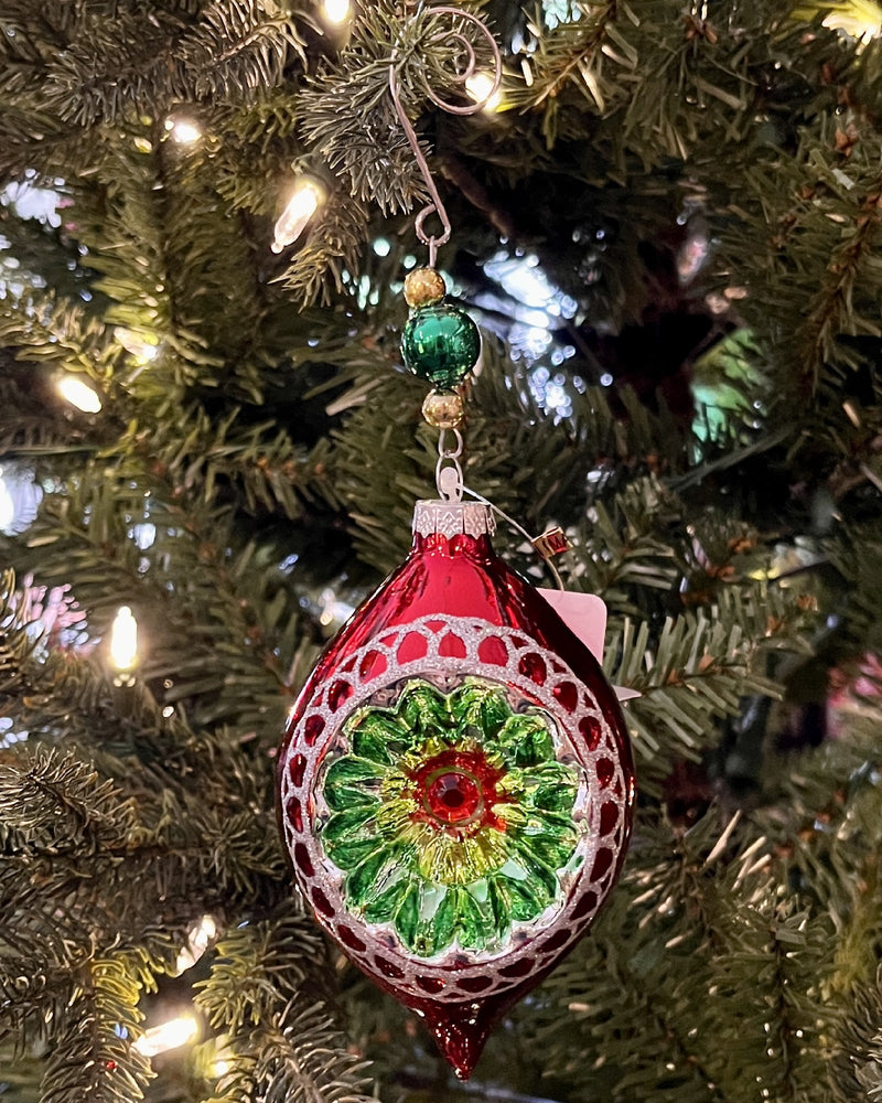 RED WITH GREEN REFLECTOR TEARDROP GLASS HANGING ORNAMENT 4412512