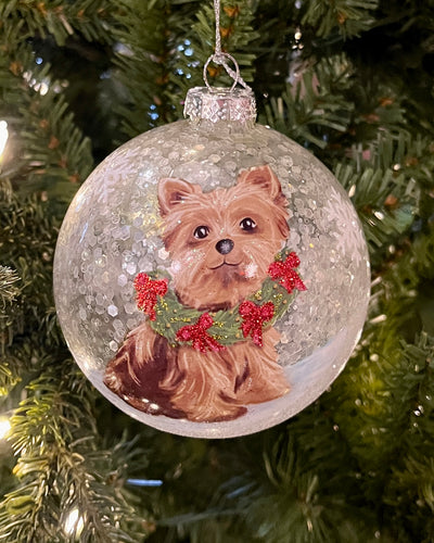 TERRIER DOG WITH SNOWFLAKES ROUND GLASS HANGING ORNAMENT 4424631