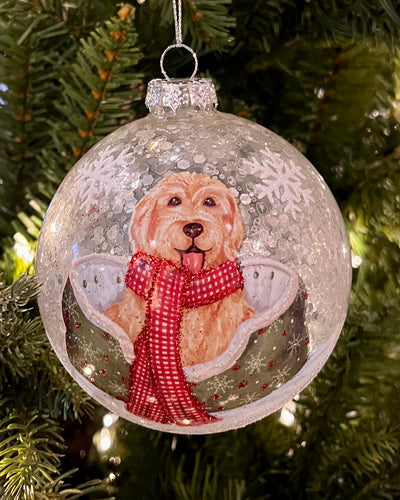 DOG IN BASKET WITH SNOWFLAKES ROUND GLASS HANGING ORNAMENT 4424631