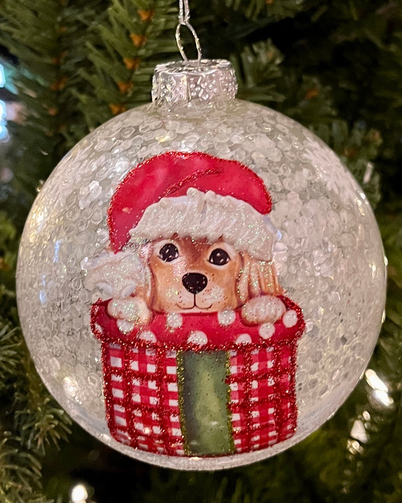DOG IN PRESENT WITH SNOWFLAKES ROUND GLASS HANGING ORNAMENT 4424631