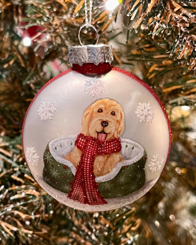 PUPPY IN BASKET WITH SCARF GLASS DISC ORNAMENT 4424561