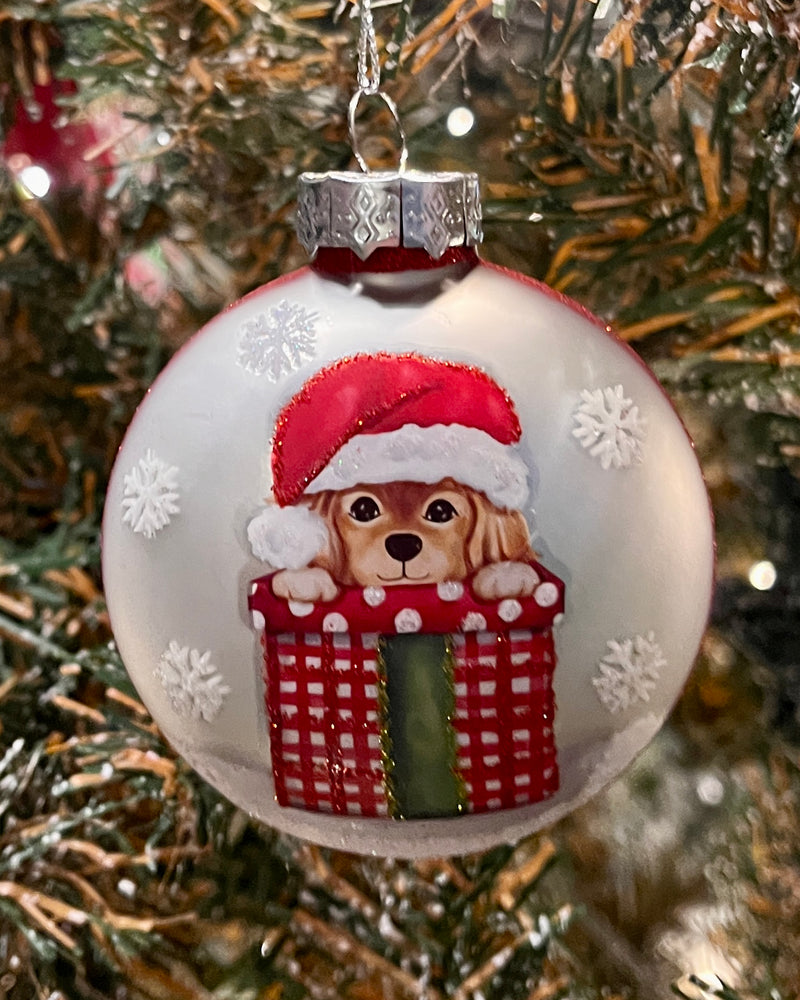 PUPPY IN GIFT WITH HAT GLASS DISC ORNAMENT 4424561