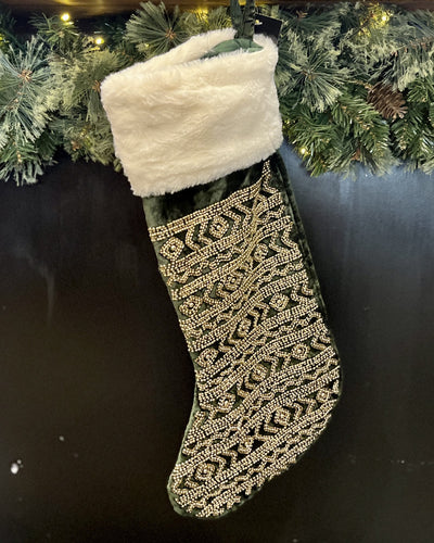 FUR CUFF GREEN WITH GOLD HAND BEADED PATTERN STOCKING