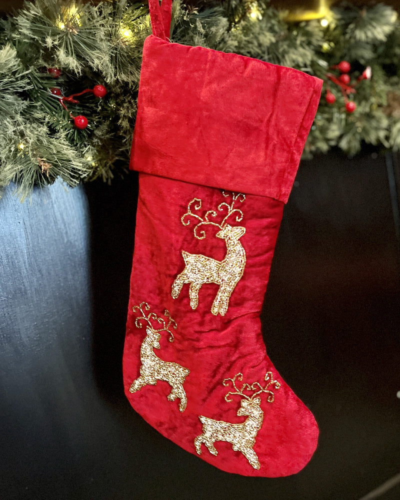 RED WITH HAND BEADED REINDEER STOCKING