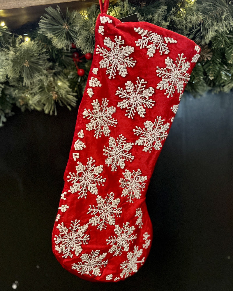 RED WITH HAND BEADED WHITE SNOWFLAKE PATTERN STOCKING