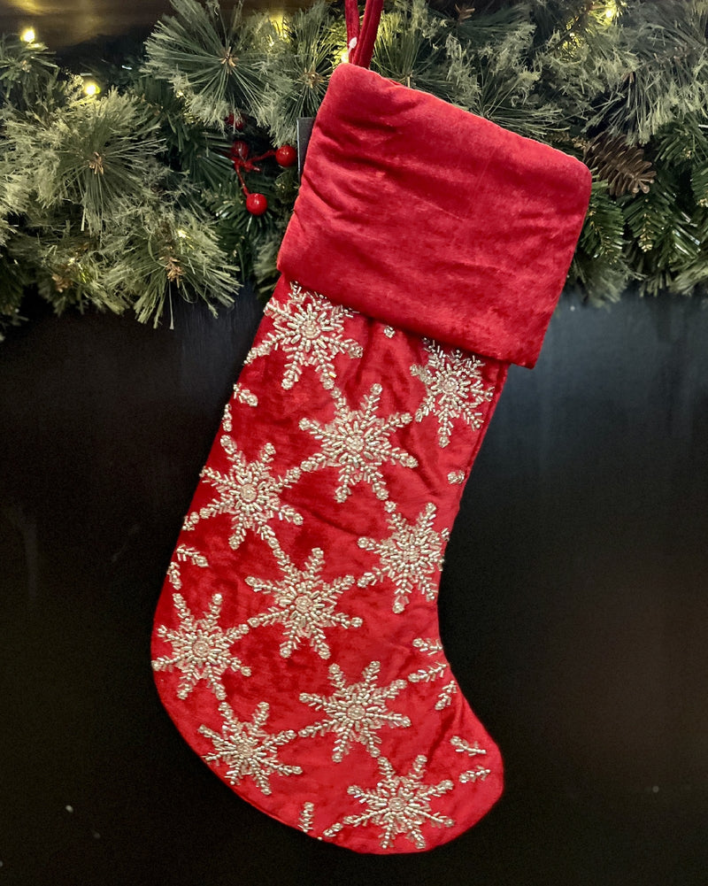 RED CUFFED HAND BEADED SNOWFLAKE PATTERN STOCKING