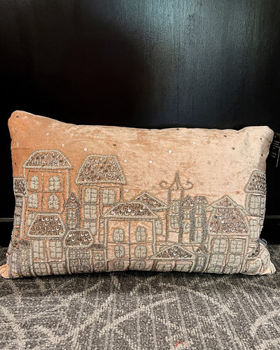 BLUSH PINK HAND BEADED CITY SCENE PILLOW