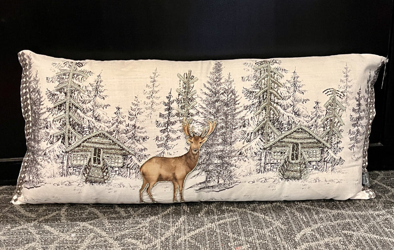 WHITE FOREST DEER SCENE HAND BEADED LONG PILLOW