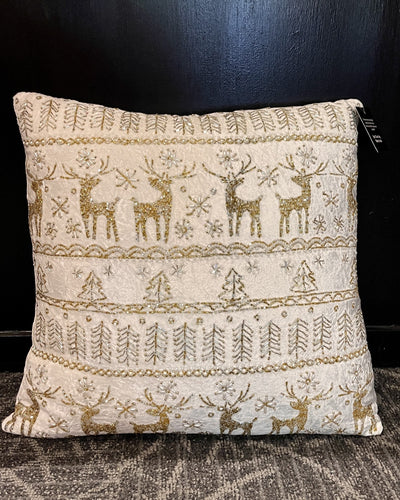 IVORY HAND BEADED REINDEER SQUARE PILLOW