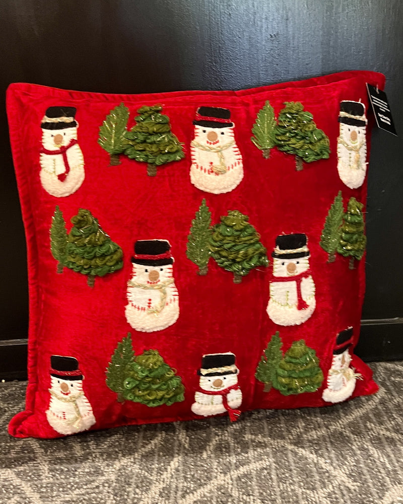 RED FELT SNOWMAN & TREES SQUARE EMBROIDERED PILLOW