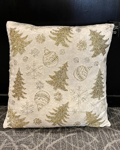 IVORY HAND BEADED BAUBLES & TREES SQUARE PILLOW 