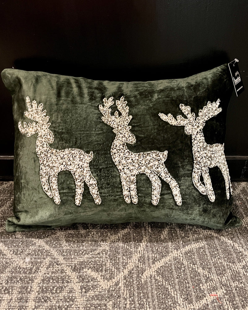 GREEN HAND BEADED REINDEER VELOUR PILLOW