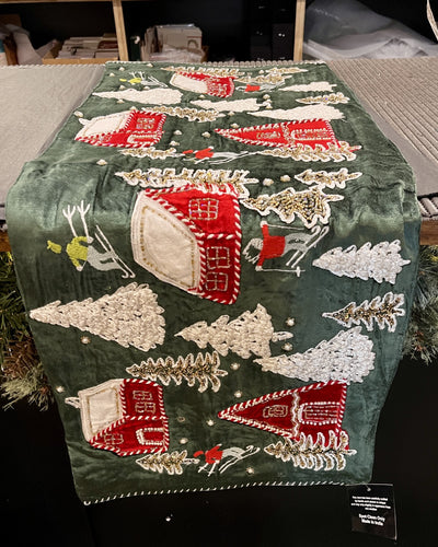 GREEN VELOUR VILLAGE BEADED TABLE RUNNER