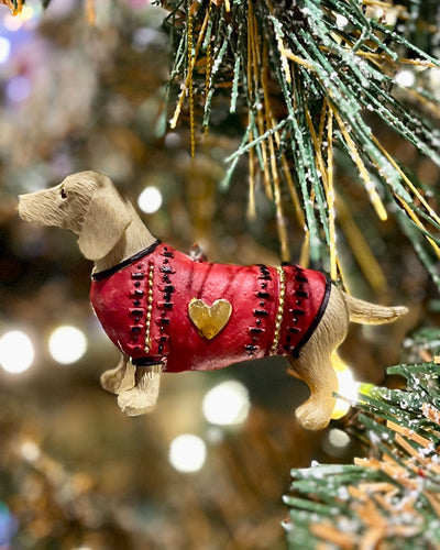 TAN DACHSHUND IN RED HEART SWEATER ORNAMENT XCD172