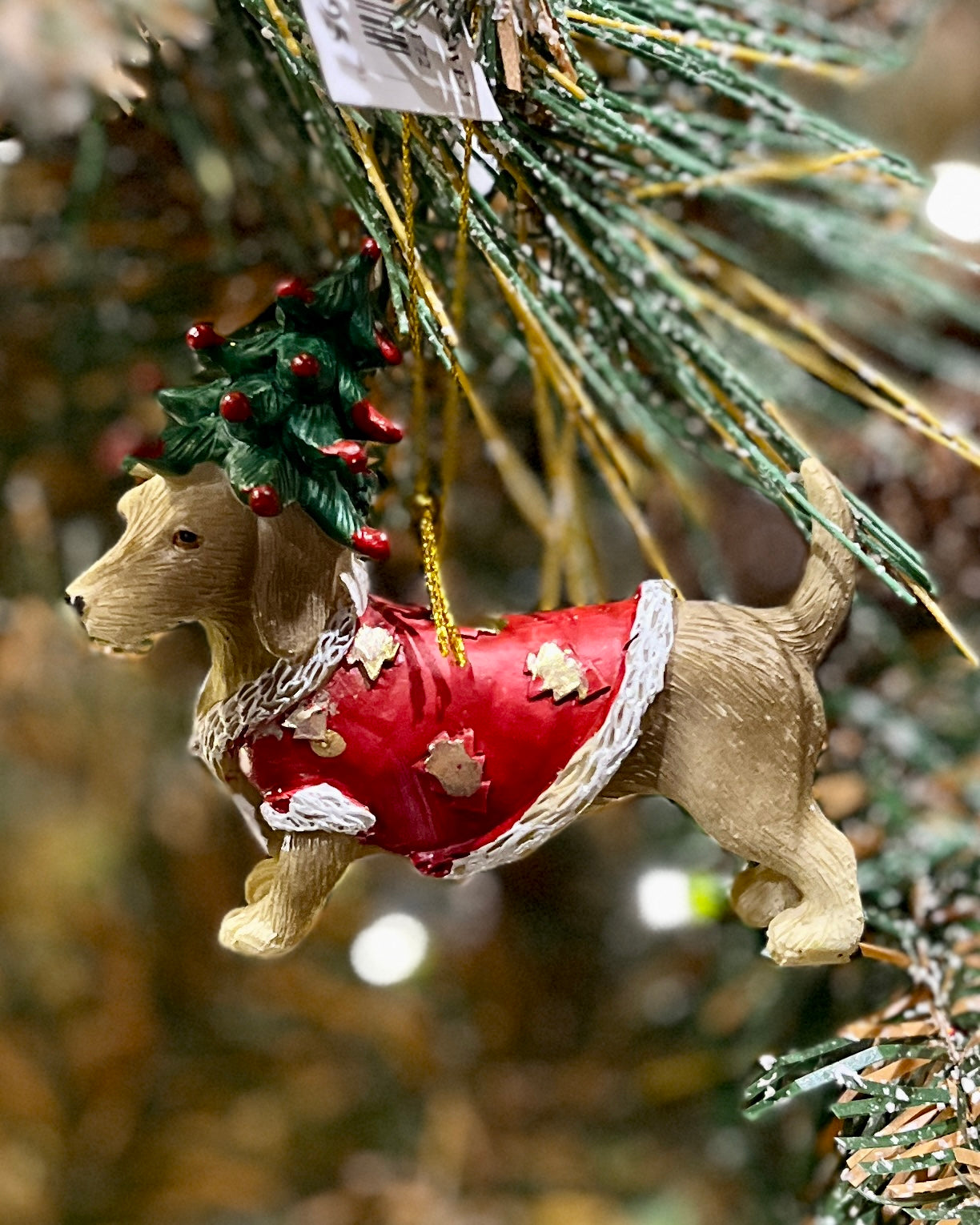 TAN DACHSHUND WITH TREE HAT & RED SWEATER ORNAMENT  XCD172