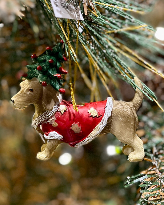 TAN DACHSHUND WITH TREE HAT & RED SWEATER ORNAMENT  XCD172