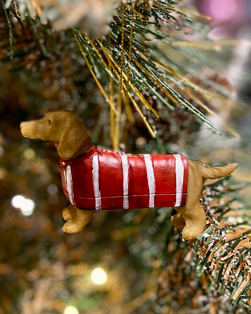 TAN DACHSHUND WEARING RED & WHITE STRIPE SWEATER ORNAMENT XCD172