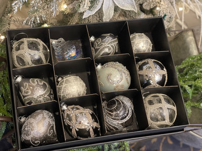 AMANDA'S COLLECTION - MOONLIT FROST BOXED SET OF 12 GLASS ORNAMENTS