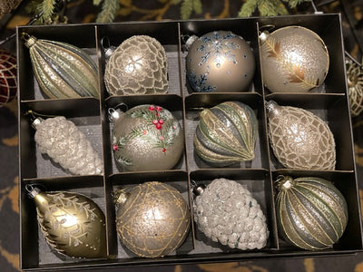 AMANDA'S COLLECTION - ALL IS CALM BOXED SET OF 12 GLASS ORNAMENTS