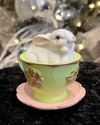 PINK/GREEN BUNNY IN TEACUP ORNAMENT QTT038