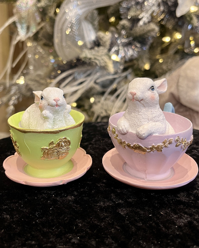 PINK/GREEN BUNNY IN TEACUP ORNAMENT QTT038