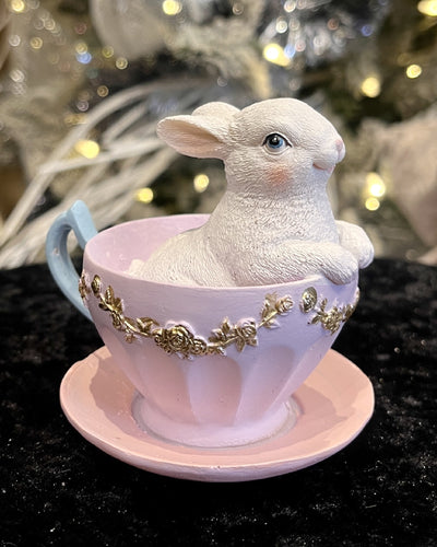 PURPLE/PINK BUNNY IN TEACUP  ORNAMENTA QTT038