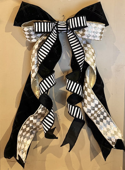 BLACK, WHITE & CHAMPAGNE HARLEQUIN HANDMADE BOW