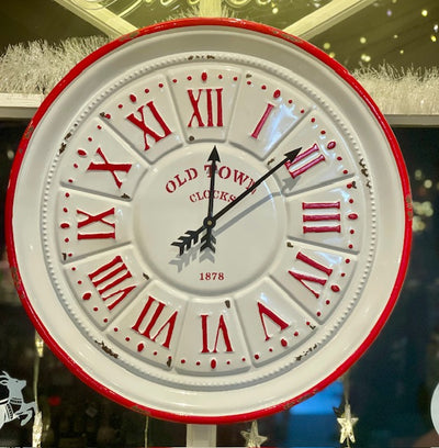 WHITE WITH RED TRIM ENAMEL TIN CLOCK 3857204 