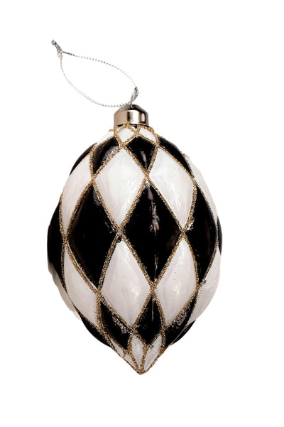 HARLEQUIN BLACK, WHITE & GOLD TEADROP GLASS HANGING ORNAMENT QMM011