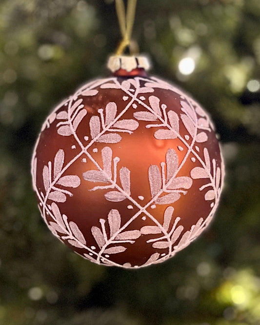 BRONZE & WHITE LEAF DETAIL ROUND GLASS ORNAMENT 4422870