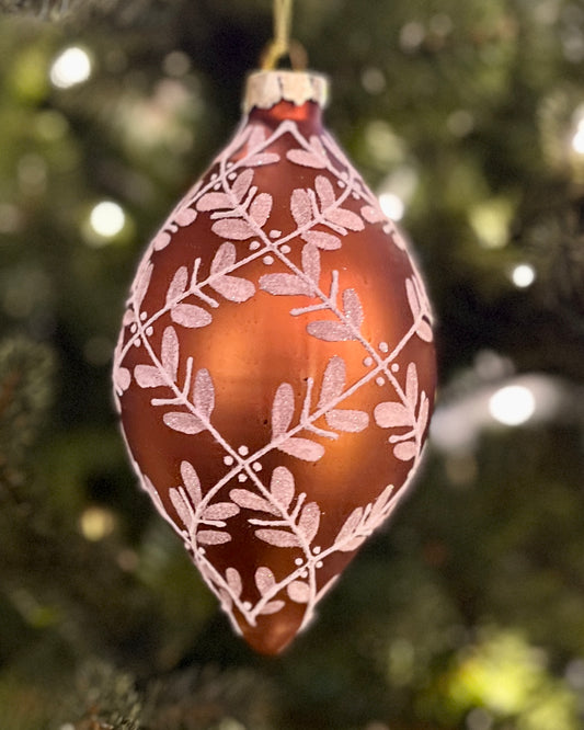 BRONZE & WHITE LEAF DETAIL TEARDROP GLASS ORNAMENT 4422870