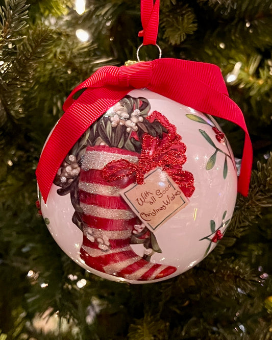 WHITE WITH RED BOW & STOCKING ROUND GLASS HANGING ORNAMENT 4424558