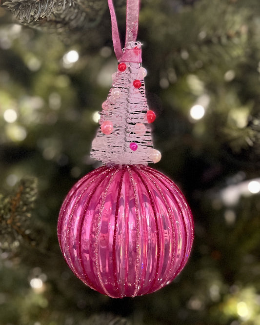 DARK PINK BOTTLE BRUSH TREE ROUND GLASS ORNAMENT 4422966